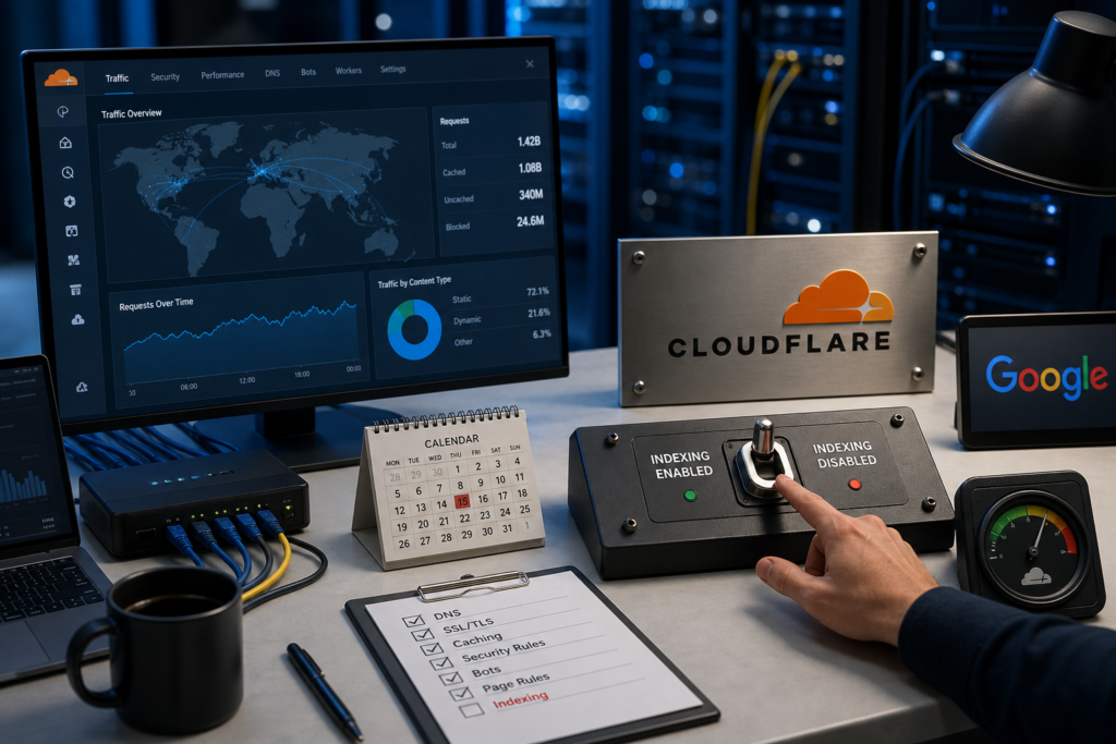 Console de operações de rede com painel de tráfego e chave física de configuração sobre a mesa