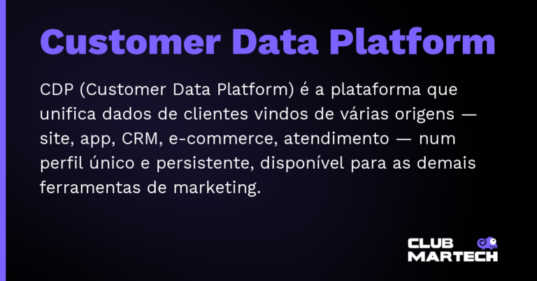 Customer Data Platform — CDP (Customer Data Platform) é a plataforma que unifica dados de clientes vindos de várias origens — site, app, CRM, e-c