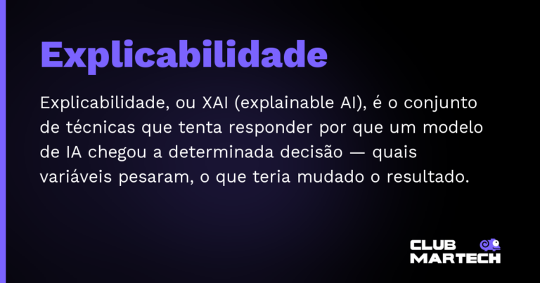 Explicabilidade — Explicabilidade, ou XAI (explainable AI), é o conjunto de técnicas que tenta responder por que um modelo de IA chegou a