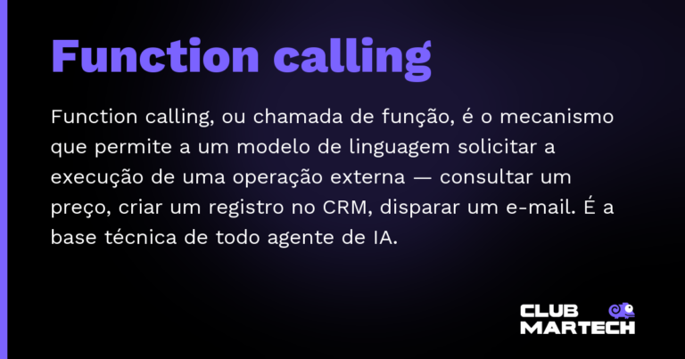 Function calling — Function calling, ou chamada de função, é o mecanismo que permite a um modelo de linguagem solicitar a execução de uma o