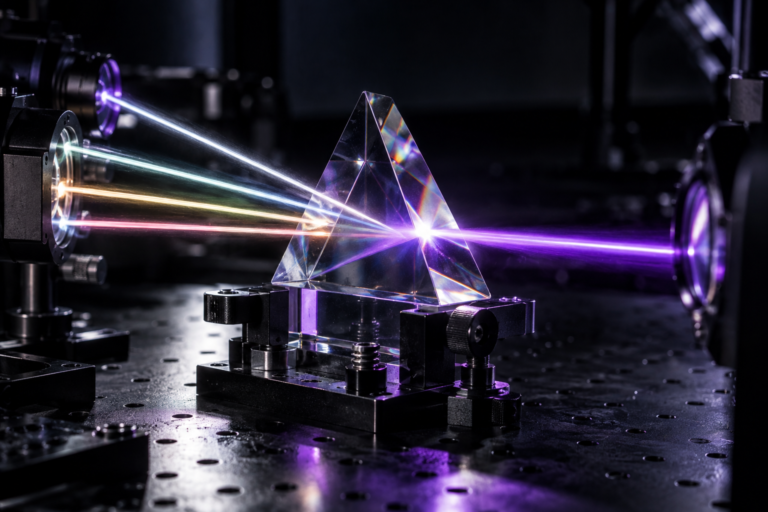 Prisma óptico geométrico convergindo múltiplos feixes de luz em um único raio coerente, representando a síntese de respostas dos motores de IA generativa (GEO).