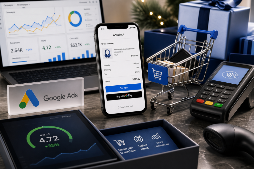 Smartphone exibindo tela de checkout ao lado de carrinho de compras em miniatura e terminal de cartão
