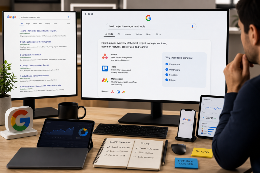 Monitor com painel de resposta de IA ao lado de segunda tela com lista clássica de resultados