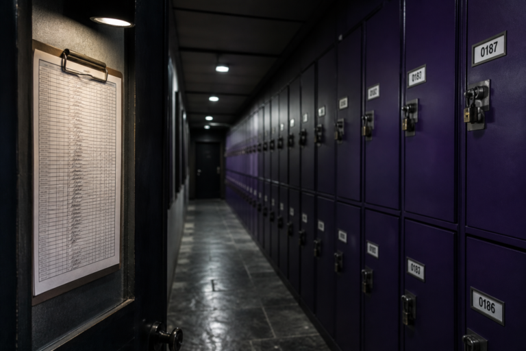 Sala de arquivos com armários trancados individualmente e registro de acesso pendurado na porta
