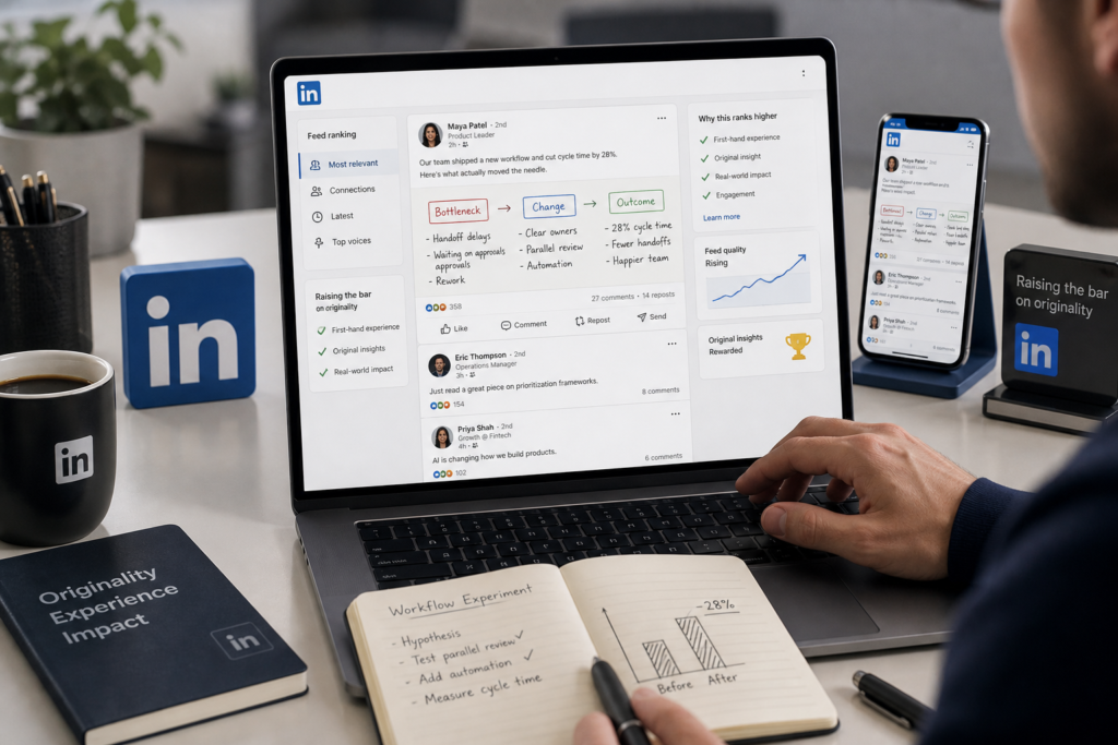Notebook exibindo feed profissional com cartões de conteúdo, um deles mais detalhado e anotado à mão