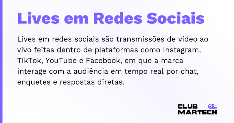 Lives em Redes Sociais — Lives em redes sociais são transmissões de vídeo ao vivo feitas dentro de plataformas como Instagram, TikTok, YouTube e