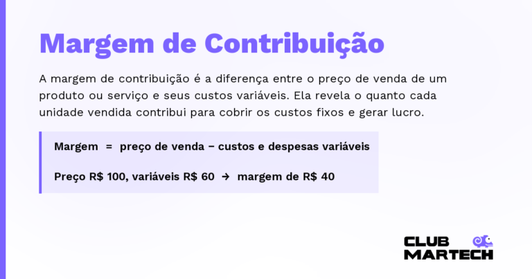 Margem de Contribuição — A margem de contribuição é a diferença entre o preço de venda de um produto ou serviço e seus custos variáveis. Ela reve