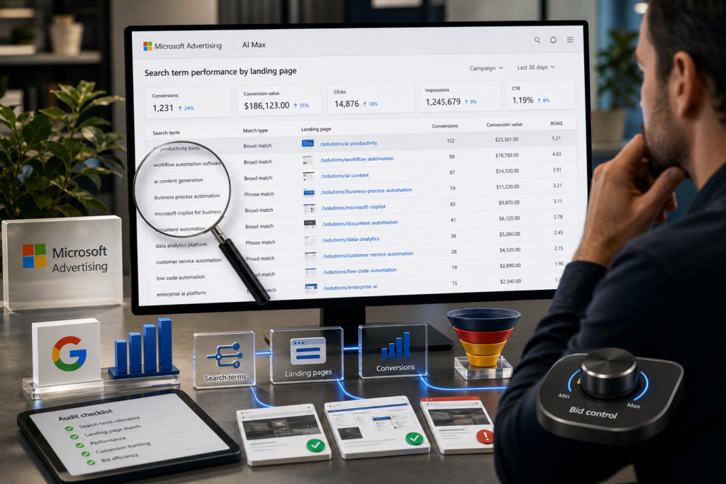 Microsoft Ads abre relatório de landing page no AI Max
