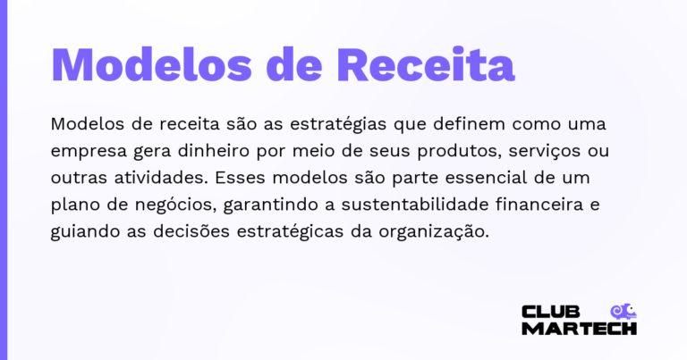 Modelos de Receita — Modelos de receita são as estratégias que definem como uma empresa gera dinheiro por meio de seus produtos, serviços ou