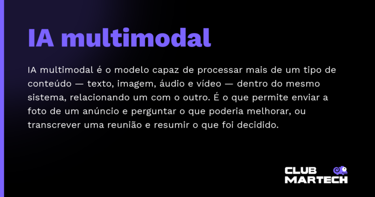 IA multimodal — IA multimodal é o modelo capaz de processar mais de um tipo de conteúdo — texto, imagem, áudio e vídeo — dentro do mesmo