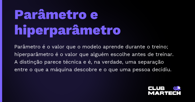 Parâmetro e hiperparâmetro — Parâmetro é o valor que o modelo aprende durante o treino; hiperparâmetro é o valor que alguém escolhe antes de treinar.