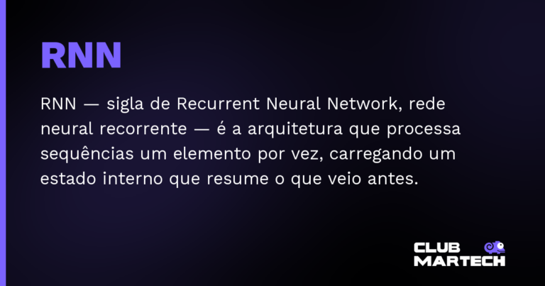 RNN — RNN — sigla de Recurrent Neural Network, rede neural recorrente — é a arquitetura que processa sequências um elemento po