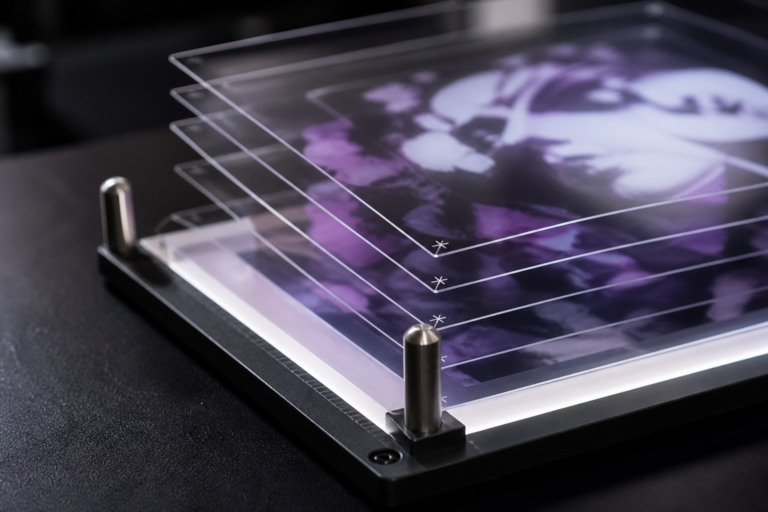 Camadas transparentes de acetato empilhadas que formam uma imagem única quando alinhadas