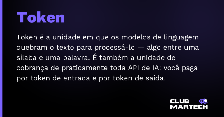 Token — Token é a unidade em que os modelos de linguagem quebram o texto para processá-lo — algo entre uma sílaba e uma palavra.