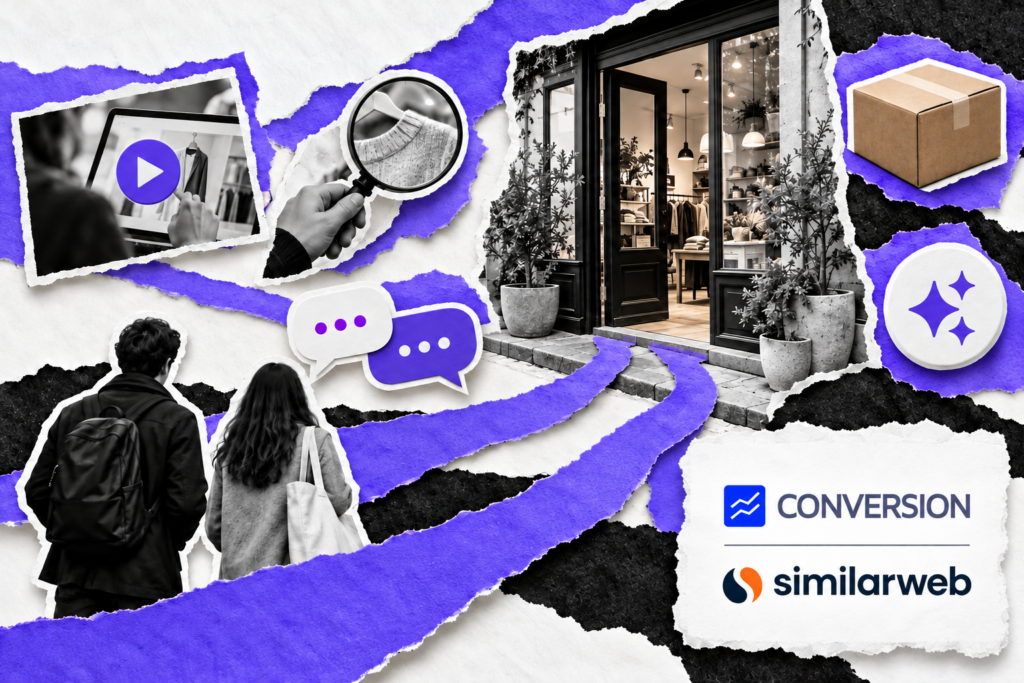 Colagem editorial com os elementos da notícia reposicionados e a identificação de Conversion e Similarweb em quadro branco no canto inferior direito.
