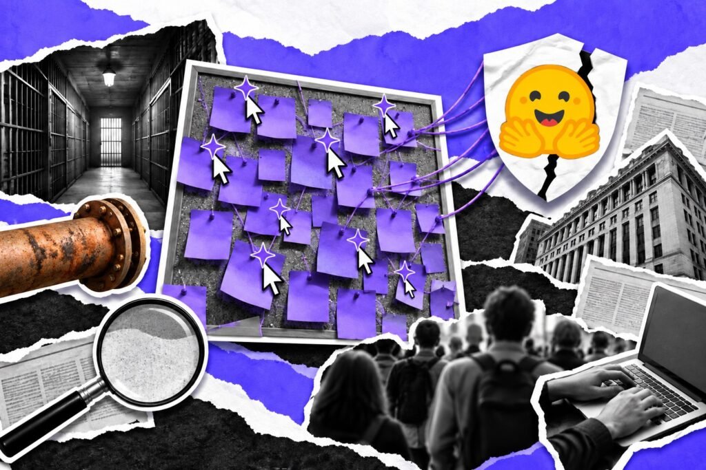 Colagem: mural de bilhetes pregados por cursores de IA; fios convergem para um escudo rachado com o logo da Hugging Face.