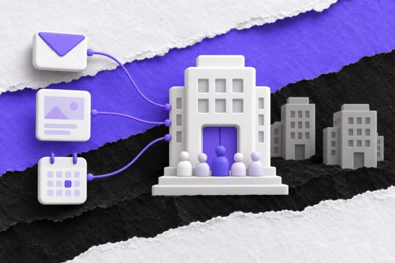 Colagem: envelope, anúncio e convite de agenda ligados por fios ao mesmo prédio de empresa com seus decisores