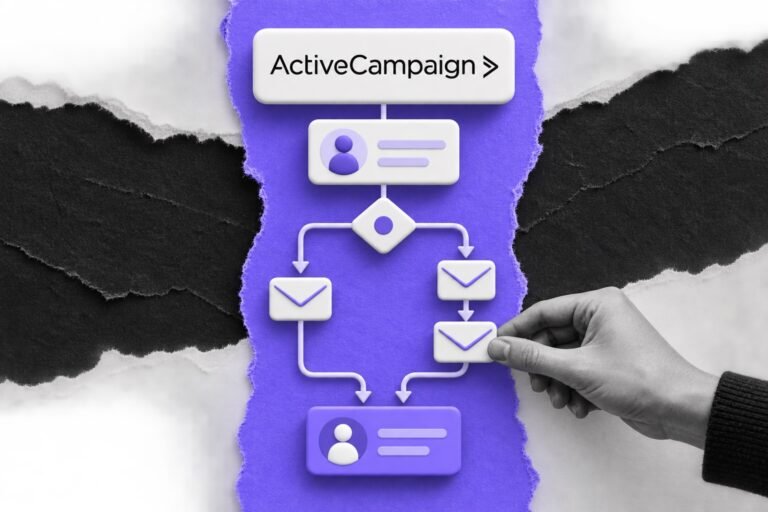 Colagem: fluxo de automação com logo do ActiveCampaign leva um contato por decisão e e-mails até ficar violeta