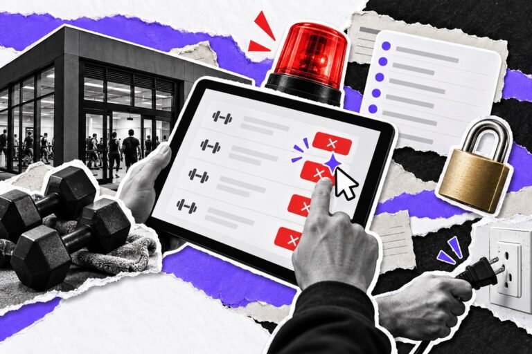 Colagem: cursor de IA aperta repetidamente cancelar numa reserva de academia; alarme vermelho e halteres.