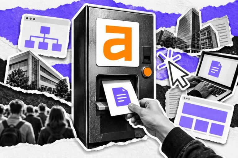 Colagem: máquina de venda solta um arquivo de texto; cursores de IA leem e logo do Ahrefs ao lado.