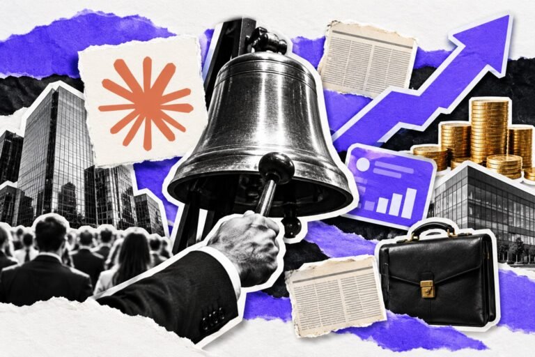 Colagem: mão toca o sino da bolsa de valores; moedas douradas, prédios corporativos e logo do Claude.