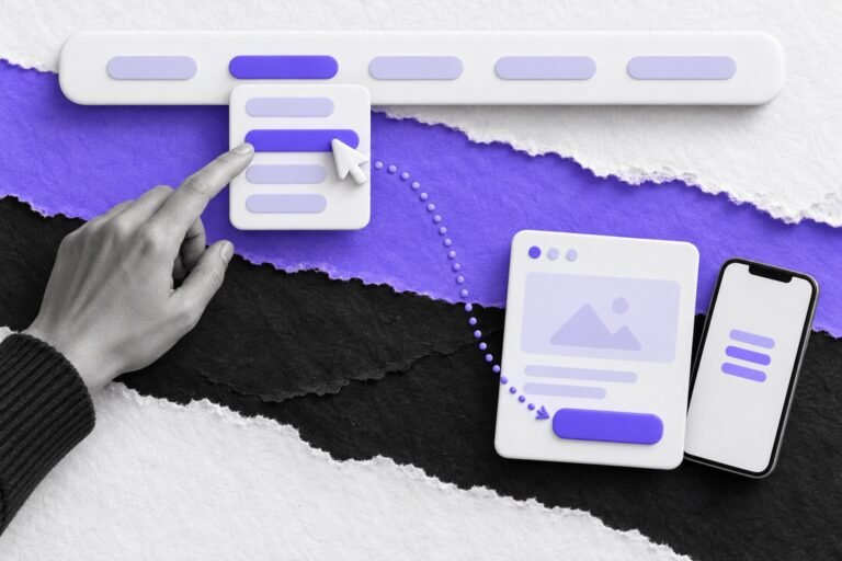 Colagem: cursor desce de um menu com submenu e segue uma trilha até o botão de conversão