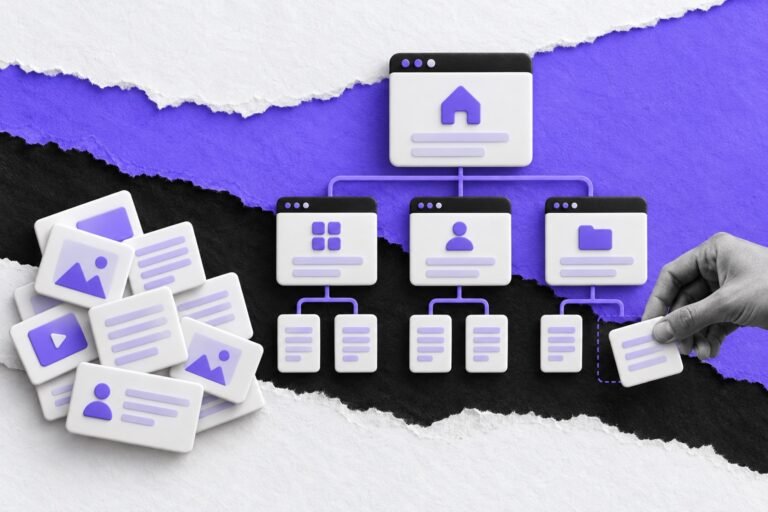 Colagem: mão tira cartões de uma pilha e os encaixa numa árvore de páginas, como num card sorting