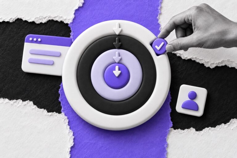 Colagem: disco de camadas concêntricas com núcleo violeta e setas para dentro; a mão encaixa um selo de teste