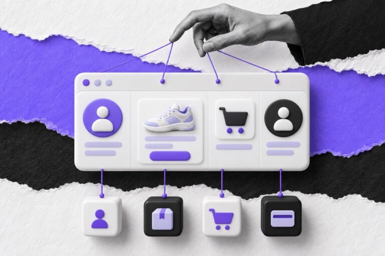 Colagem: seções de uma janela de app ligadas por fios violeta a cubos de serviço logo abaixo