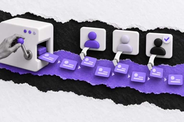 Colagem: bloco produtor solta eventos numa esteira e três blocos consumidores apanham cópias