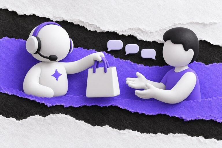 Colagem: assistente virtual com brilho de IA entrega uma sacola de compras a um cliente