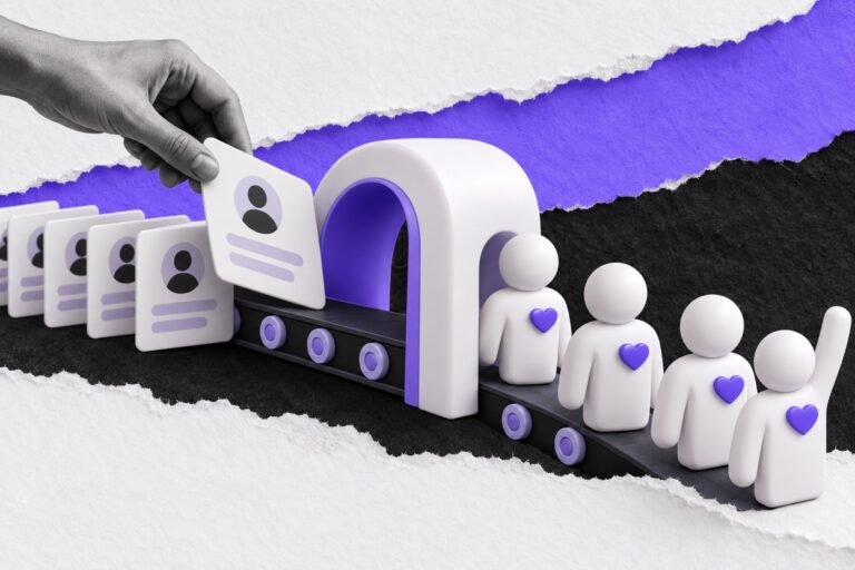Colagem: fichas de lead passam por um arco e saem como avatares com coração violeta no peito