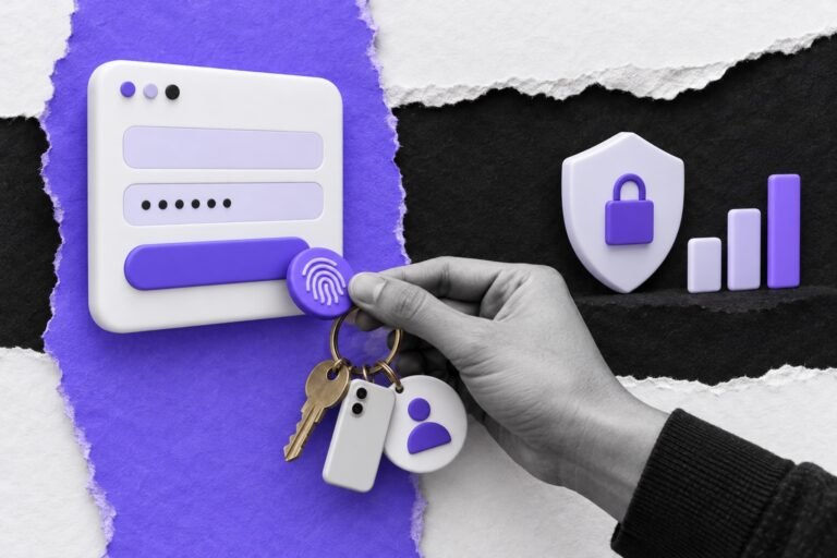 Colagem: cartão de login e mão com chaveiro de métodos de acesso: chave, digital, celular e rosto