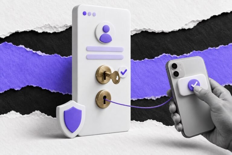 Colagem: cartão de login como porta com duas fechaduras; a segunda só abre com a aprovação no celular