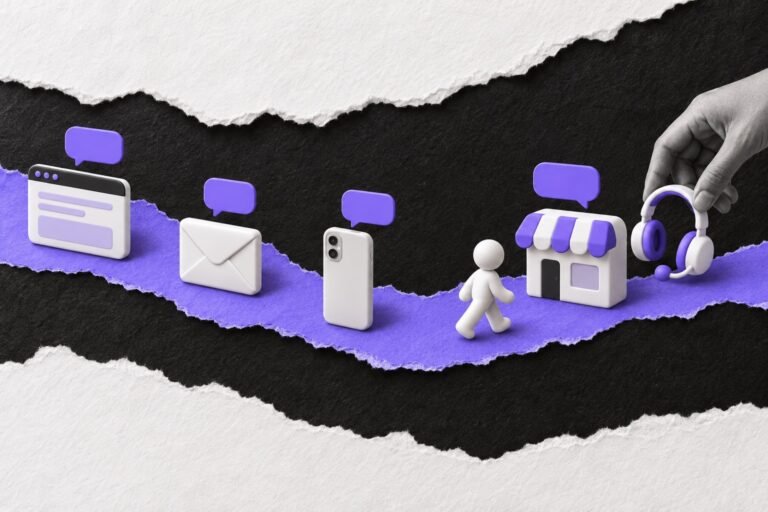 Colagem: avatar percorre um caminho com pontos de contato automáticos; mão com headset assume no final