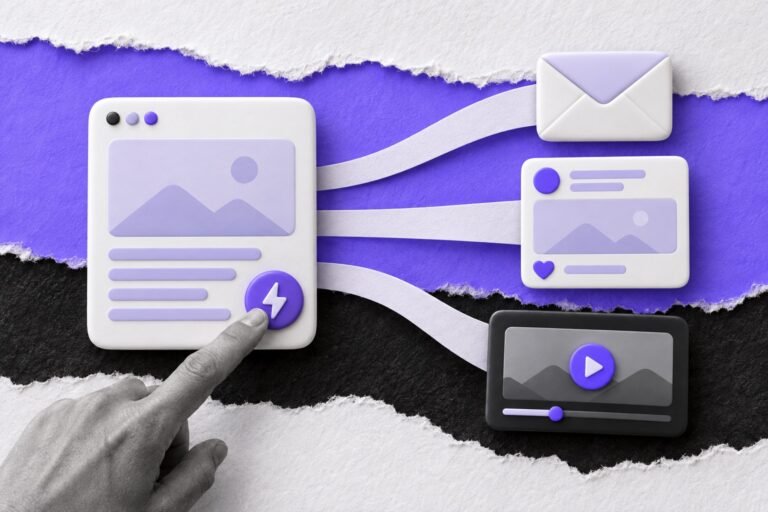 Colagem: cartão de artigo acionado por um gatilho se desdobra em e-mail, post e vídeo sobre trilhos