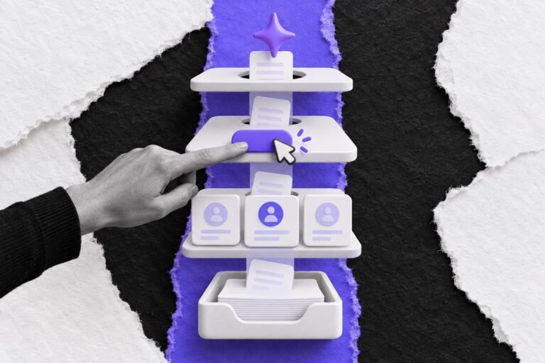 Colagem: documento sobe por uma torre de camadas: notas, contatos, cursor automatizado e brilho de IA