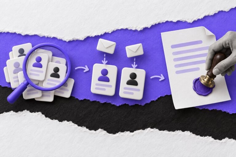 Colagem: fichas de contato passam por busca e e-mails e terminam num contrato com selo violeta