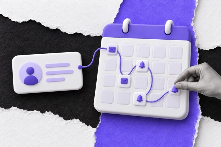 Colagem: ficha de contato ligada por um fio a dias do calendário com e-mails e lembretes