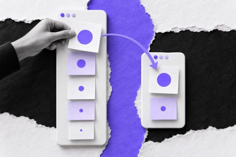 Colagem: coluna alta de post-its ordenados; a mão leva o de maior prioridade para a coluna da próxima entrega