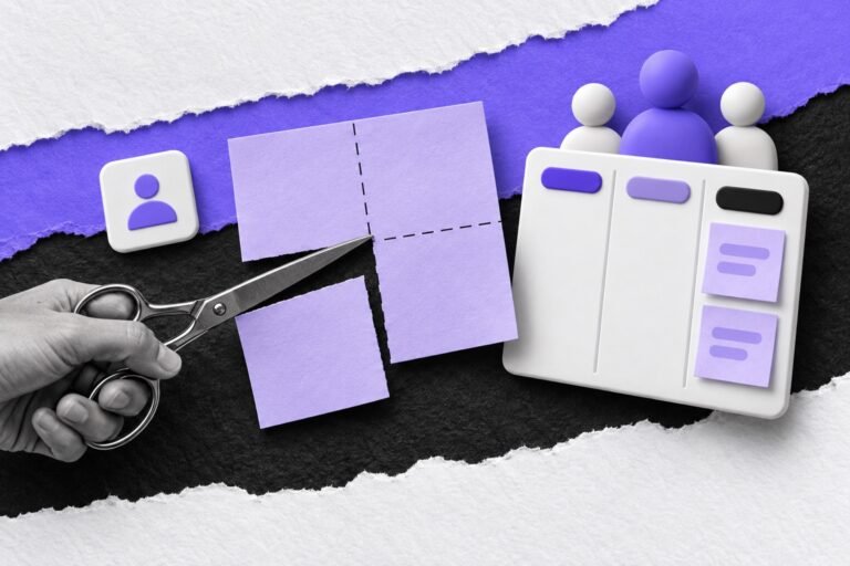 Colagem: tesoura corta um post-it grande em notas menores, colocadas em ordem no quadro