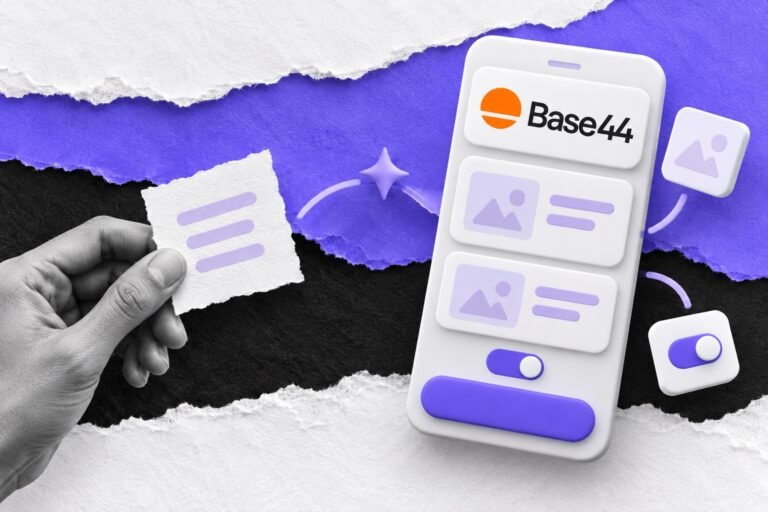 Colagem: bilhete na mão vira um app que se monta sozinho com o logo do Base44 no topo
