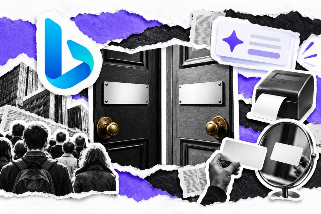 Colagem: duas portas com placas iguais em branco, painel de resposta de IA e o logo do Bing.
