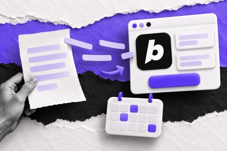 Colagem: briefing na mão vira site montado com o logo do Bolt.new; calendário com só três dias marcados