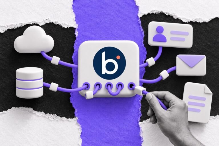 Colagem: hub de tomadas com o logo do Boomi recebendo cabos de nuvem, banco, contato, e-mail e fatura