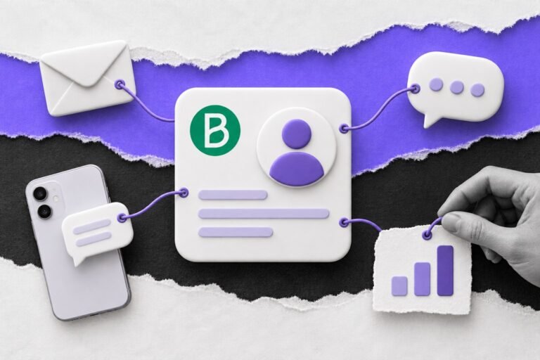 Colagem: ficha de contato com o logo da Brevo ligada a e-mail, celular, chat e gráfico