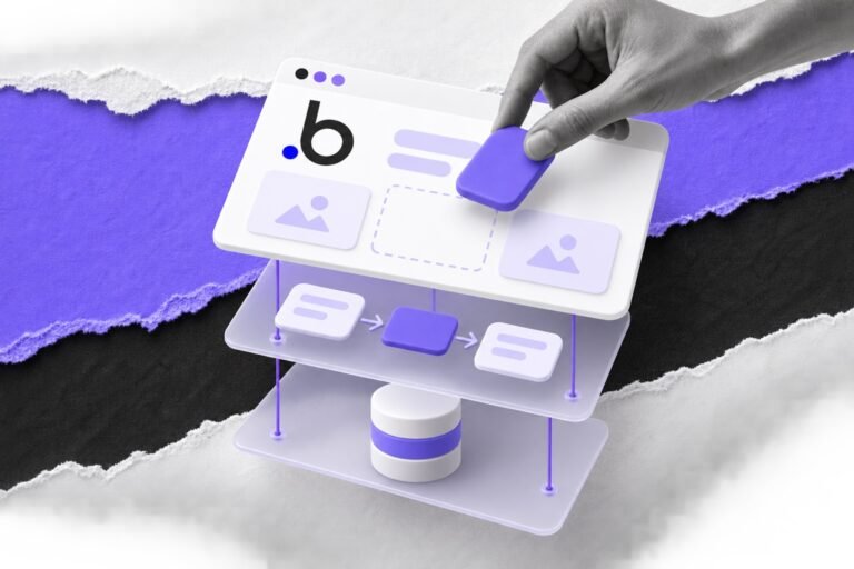 Colagem: três camadas de app (dados, lógica e tela) com o logo do Bubble na interface do topo
