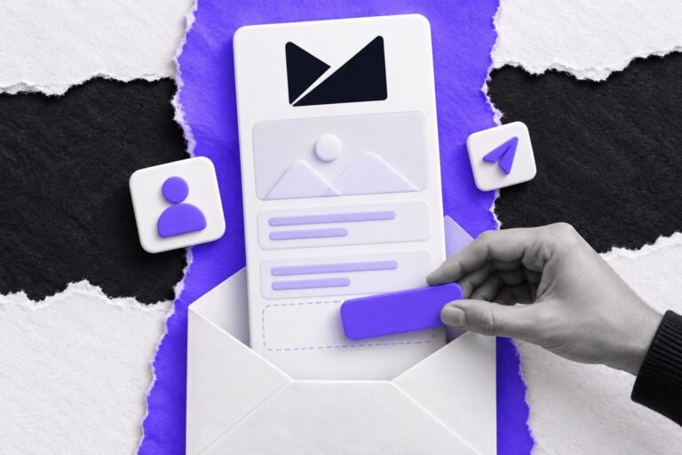 Colagem: modelo de e-mail com o logo do Campaign Monitor saindo de um envelope; mão encaixa o botão