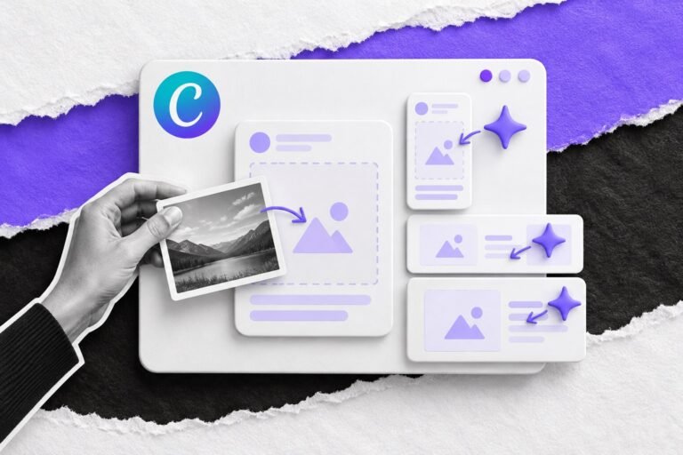 Colagem: prancheta de design com o logo do Canva; mão arrasta foto para o modelo e IA gera outros formatos