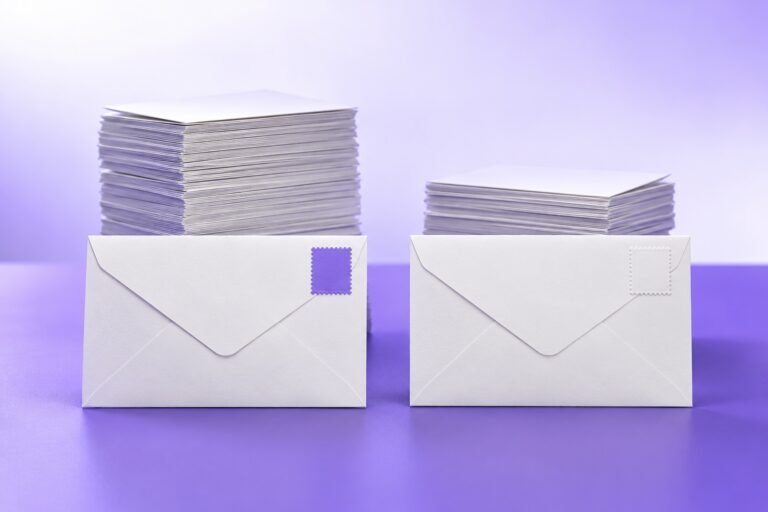 Ilustração 3D Club Martech: dois envelopes iguais com selos de cores diferentes e pilhas de respostas de alturas distintas atrás